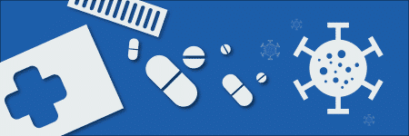 Bottle of pills and coronavirus icon