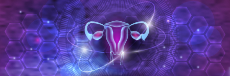 Stylised representation of uterus and ovaries with hexagonal pattern background