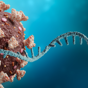 Render of coronavirus, mRNA and syringe