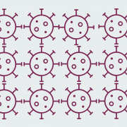 Many icons representing Covid-19 and a large circle containing an icon representing a DNA helix