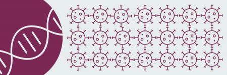 Many icons representing Covid-19 and a large circle containing an icon representing a DNA helix