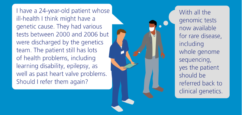 A GP talks to a GP colleague about a patient who is presenting with a variety of health problems but had inconclusive genetic tests over fifteen years ago. The colleague is thinking of how best to respond.