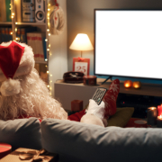 Santa Claus sits on a sofa at home and watches TV.