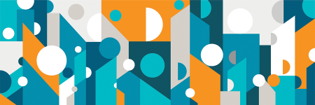 Abstract graphic illustration representing people using circles, semi circles and blocks using the colours orange, light blue, dark blue, grey and white.