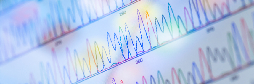 A close-up view of a screen with multicoloured graph lines created from the sequencing of dna