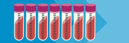 An illustration of seven test tubes containing blood samples, the test tubes are lined up next to each other. The caps of the sample tubes are pink and the background of the image is blue.