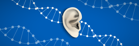 A graphic of an ear in isolation on a blue background. There are white and grey DNA strands going diagonally across the background