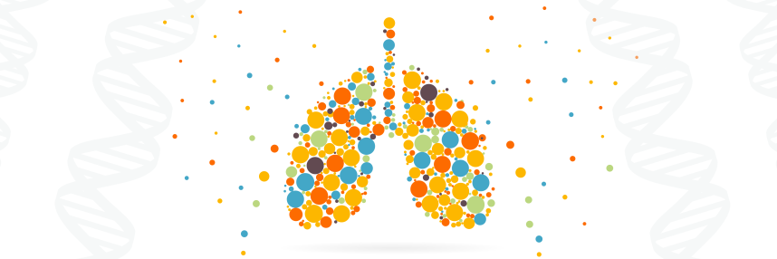 An illustration of a pair of lungs that are filled with various circles of different colour and size. Some smaller circles are floating outside of the lungs.