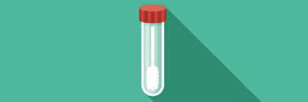 An illustration of a saliva sample tube with a red lid and a cotton swab inside the tube. The background is a mid-green colour.