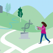 This illustration shows a woman with long dark hair walking along a path looking down at a map. She is surrounded by hills and buildings, and the path leads off into the distance. Behind her stands a zebra. She is walking past a double helix statue.