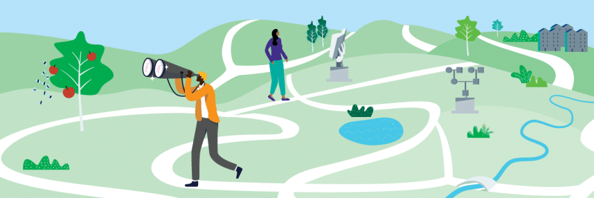 In this illustration, a man in an orange jacket looks through an oversized pair of binoculars into the distance. He is walking along a path, which winds up and down hills out of sight. In the background is a woman looking at a statue of a book. A statue of a pedigree sits nearby.