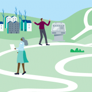 In this illustration, a man in the foreground looks up at a signpost pointing in lots of different directions as he walks along a path. A woman nearby holds a clipboard and looks at two identical sheep in the distance. A man in the background gesticulates at a computer. They are all either walking along or standing on a path that winds through hills into the distance.