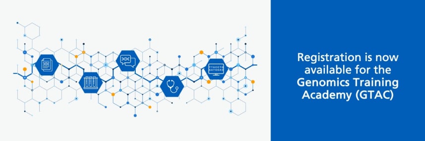 Genomics-themed graphic and text about GTAC registration now being available
