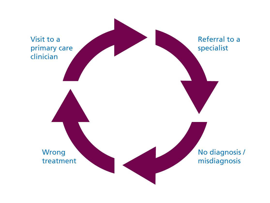 Diagram shows four arrows pointing in a circle. Text beside each arrow reads: 1) Visit to a primary care clinician; 2) Referral to a specialist; 3) No diagnosis / misdiagnosis; 4) Wrong treatment.