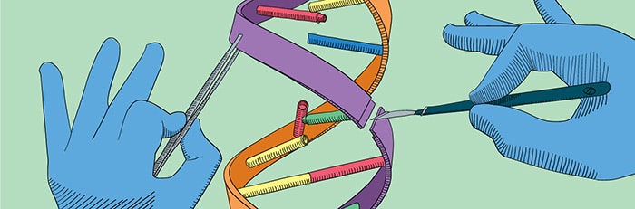 A cartoon showing a pair of hands doing 'surgery' on a molecule of DNA,