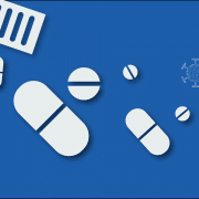 Bottle of pills and coronavirus icon