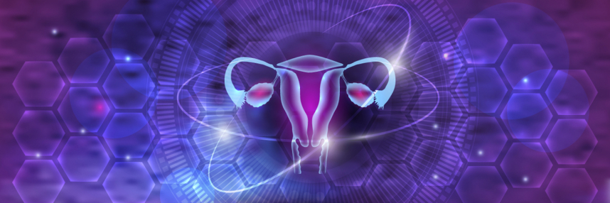 Stylised representation of uterus and ovaries with hexagonal pattern background