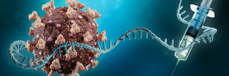 Render of coronavirus, mRNA and syringe