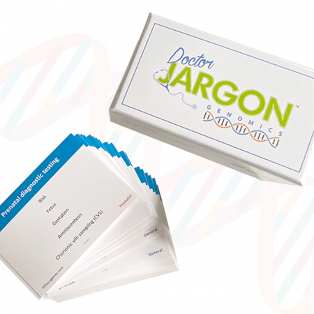 Dr Jargon: Genomics game box lid and fanned selection of cards