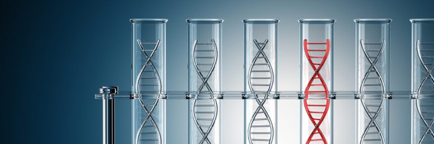 Five test tubes in a row, with a double helix inside each one. The double helix inside the fourth test tube from the left is red, the rest are grey.