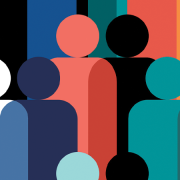 A large illustrated group of featureless people in bright colours.