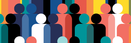 A large illustrated group of featureless people in bright colours.