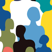 An illustrated group of people, featureless and in multiple bright colours.