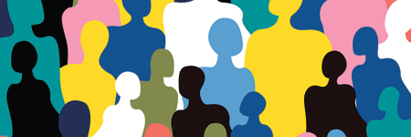 An illustrated group of people, featureless and in multiple bright colours.
