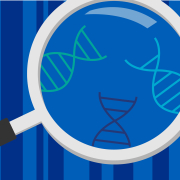 Illustrated magnifying glass on striped background, with DNA double helices visible under the magnifying glass.
