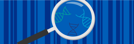 Illustrated magnifying glass on striped background, with DNA double helices visible under the magnifying glass.