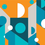 Abstract graphic illustration representing people using circles, semi circles and blocks using the colours orange, light blue, dark blue, grey and white.