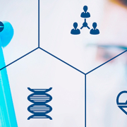 An series of icons, each in an individual hexagon an drepresenting different aspects of genomics research overlay an out-of-focus photo of a white male scientist looking at a test tube that he is holding up