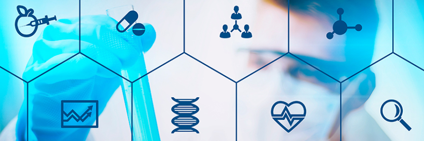 An series of icons, each in an individual hexagon an drepresenting different aspects of genomics research overlay an out-of-focus photo of a white male scientist looking at a test tube that he is holding up