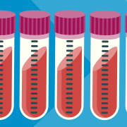 An illustration of seven test tubes containing blood samples, the test tubes are lined up next to each other. The caps of the sample tubes are pink and the background of the image is blue.