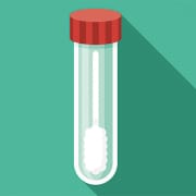 An illustration of a saliva sample tube with a red lid and a cotton swab inside the tube. The background is a mid-green colour.